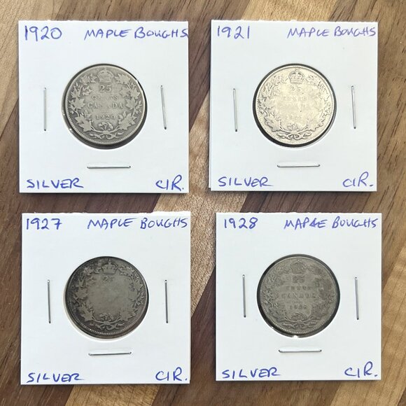 Exceptional 1920, 1921, 1927 & 1928 Canada 4 x 25¢ .800 Silver Coins! - Picture 1 of 16
